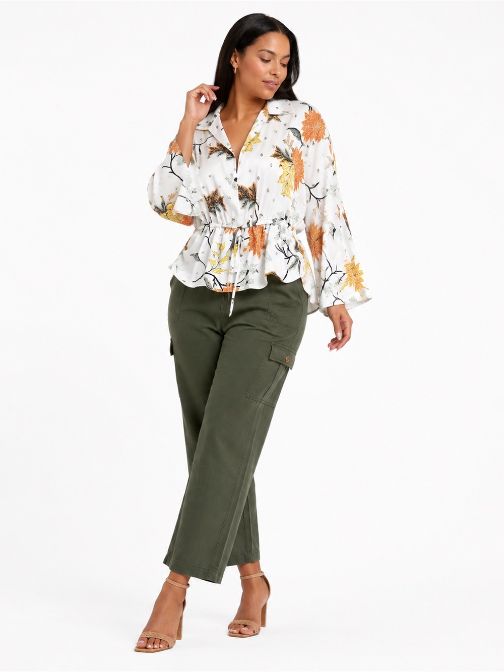 River Island Plus White and Orange Leaf-Print Kimono Top